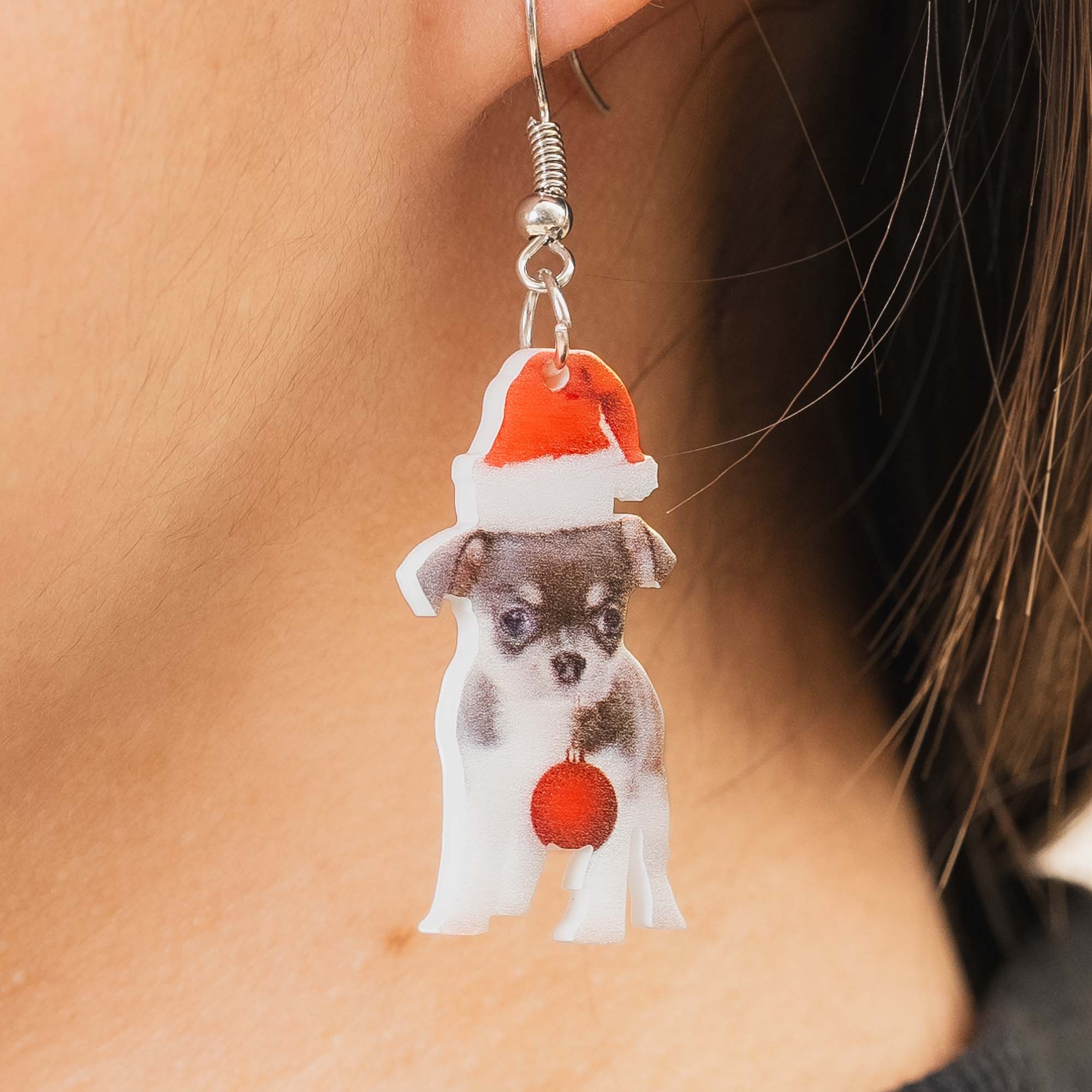 Christmas Dog Earrings | Santa Hat Dog Dangle Earrings | Holiday Stocking Stuffer Dog Lover Jewelry Gift