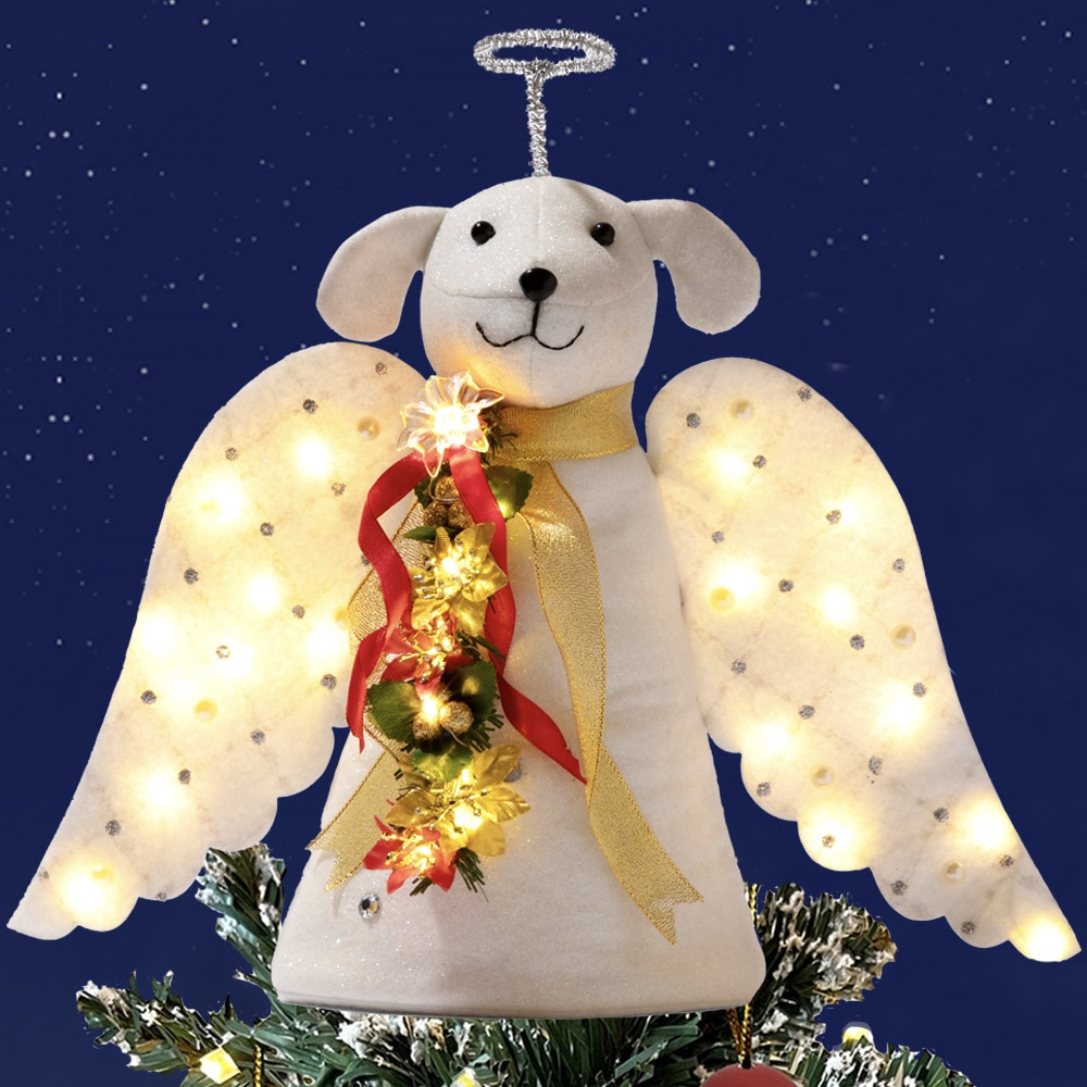 A ‘Christmas Miracle’ Angel Dog Tree Topper- Lighted Poinsettia Garland & Wings - Helps Feed 30 Hungry Shelter Dogs in Need