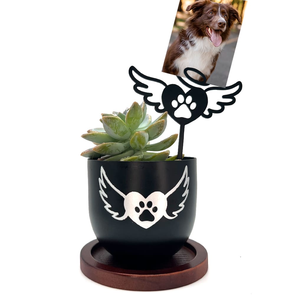 Forever in My Heart Dog Paw Wing Garden Pot with Angel Wing Photo Stake - Inspirational Memorial Indoor Outdoor Garden Flower Pot