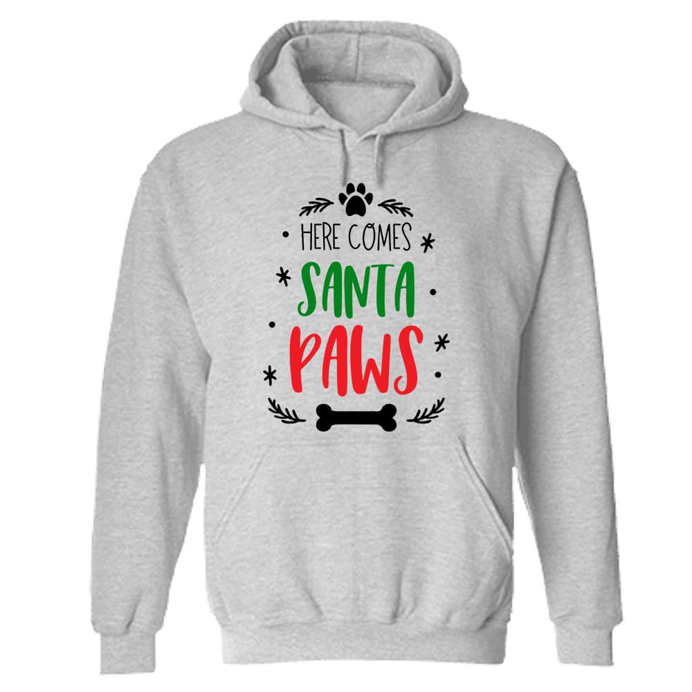 Here Comes Comes Santa Paws Hoodie Heather Gray