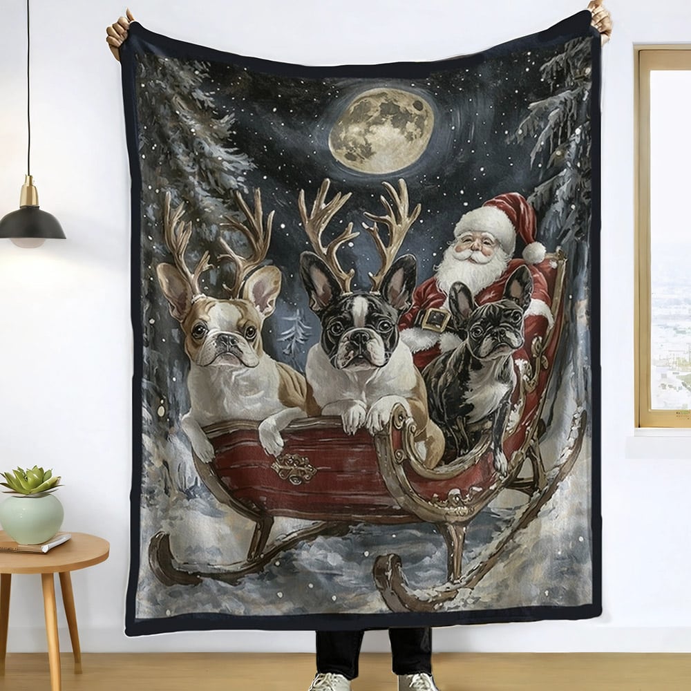 Santa & Frenchies Cozy Blanket – 50″x60″ – Helps Feed Shelter Dogs in Need