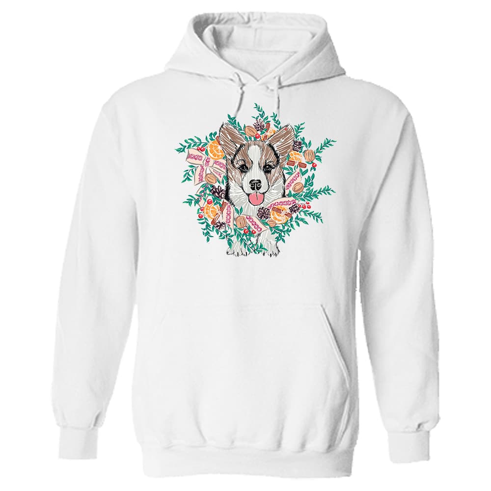 Christmas Corgi Wreath Hoodie White