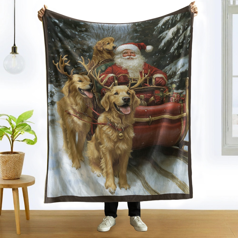 Santa & Golden Retrievers Cozy Blanket - 50"x60" - Helps Feed Shelter Dogs in Need