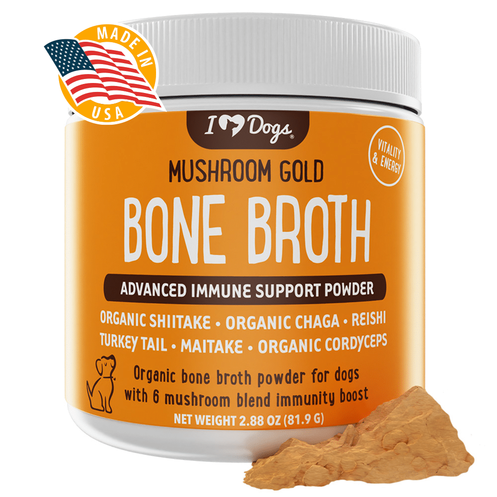 Bone Broth For Dogs Immune Support Powder - PLUS Mushroom Gold with Organic Shiitake, Turkey Tail, Reishi