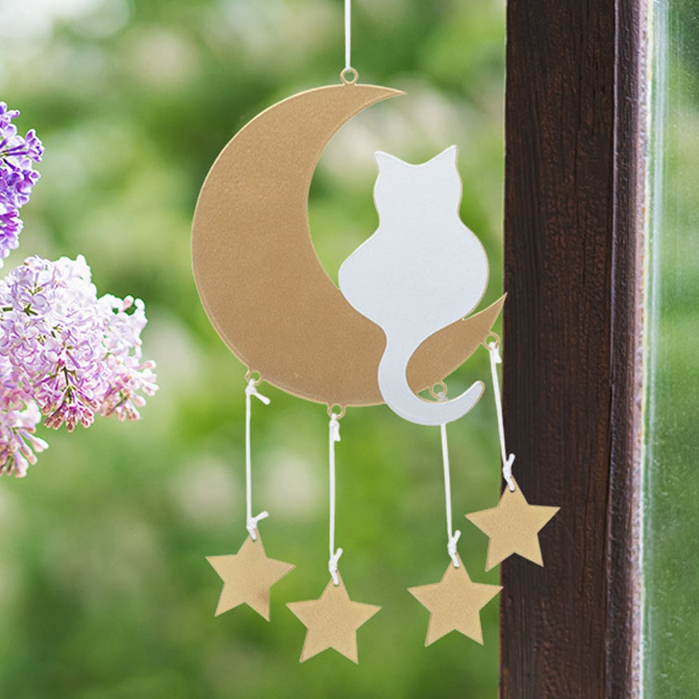 Cat on Moon & Star Metal Chime -Home or Garden Decor – Donates 3 Meals to Hungry Shelter Cats in Need